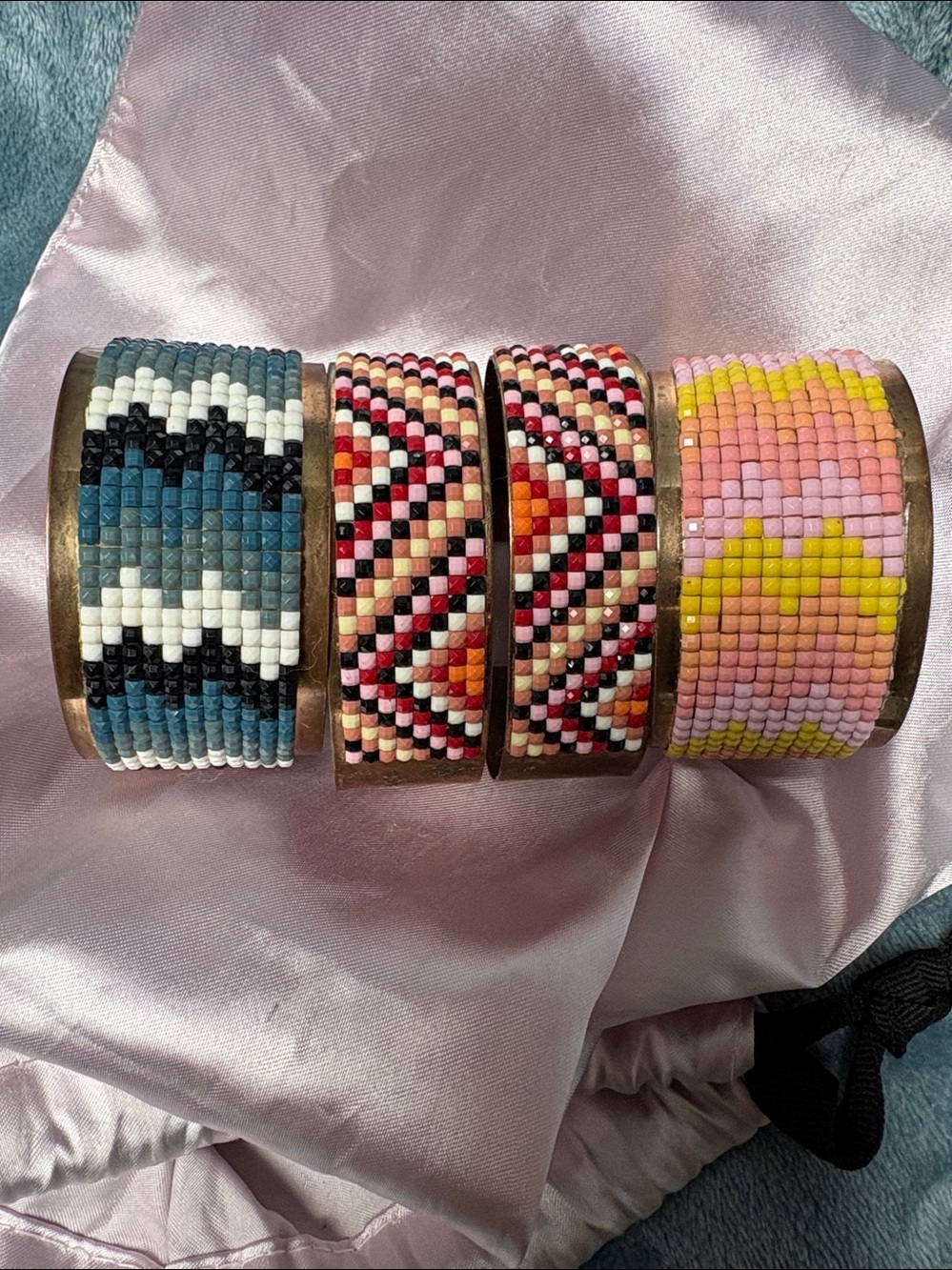 3 BRASSY Cuff Bracelets SET OF 3 Originals in BLUE - RED - PINK Bead designs!